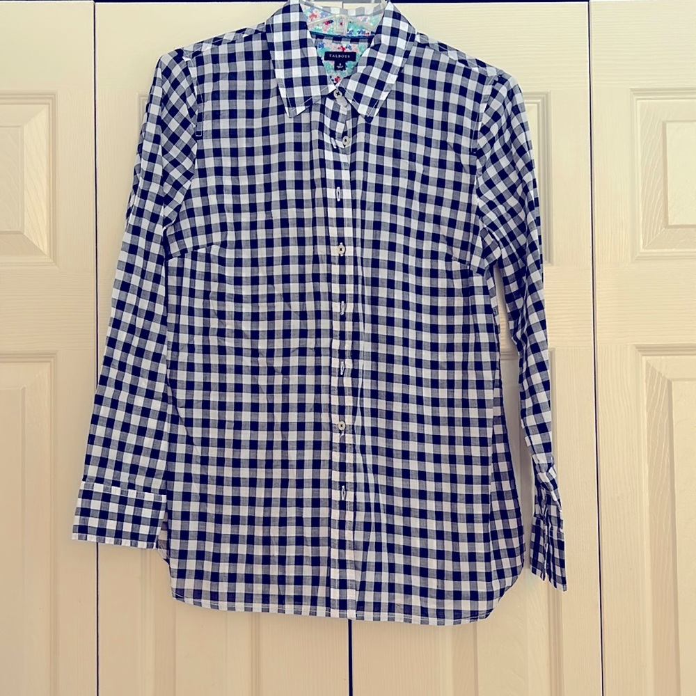 Trending-gingham navy & white Talbots blouse size Small
